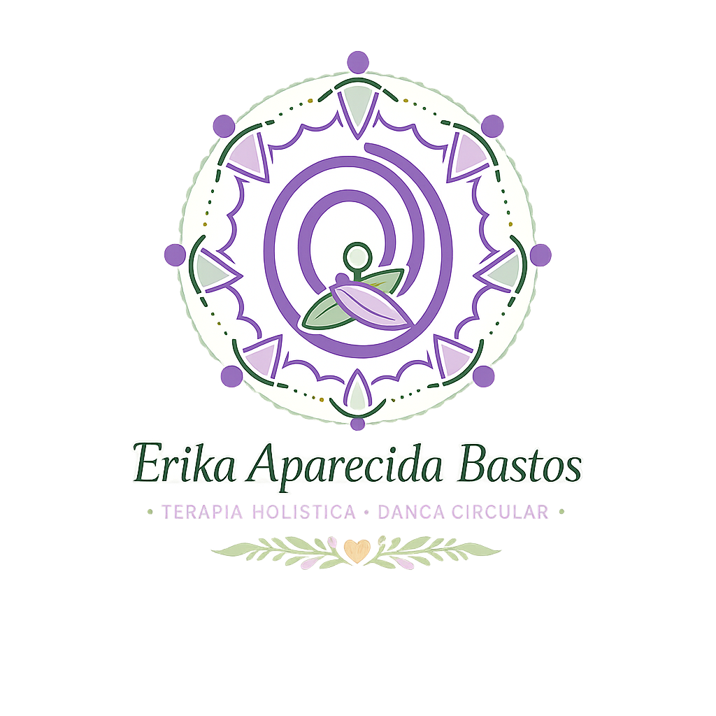Mandala em lilás e verde com pessoas em roda. Identidade de Érika Aparecida Bastos — Terapia Holística e Dança Circular.